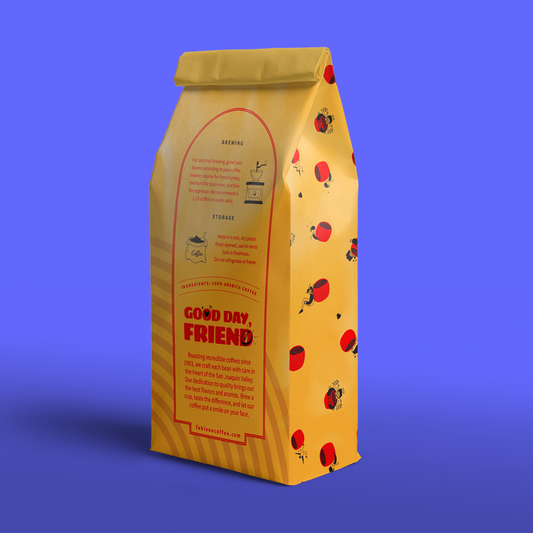 Fabiano's Coffee Roasters bag back label - specialty coffee details and brewing notes